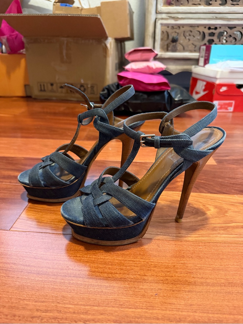 Yves Saint Laurent Denim-Look Strappy High Heel Sandals - Blue